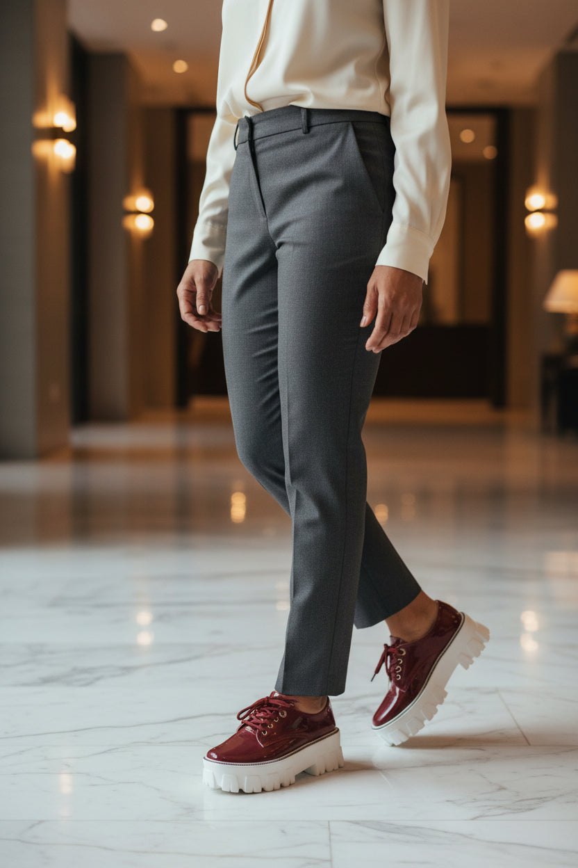 Burgundy glossy platform lace-up shoes with thick white lug soles