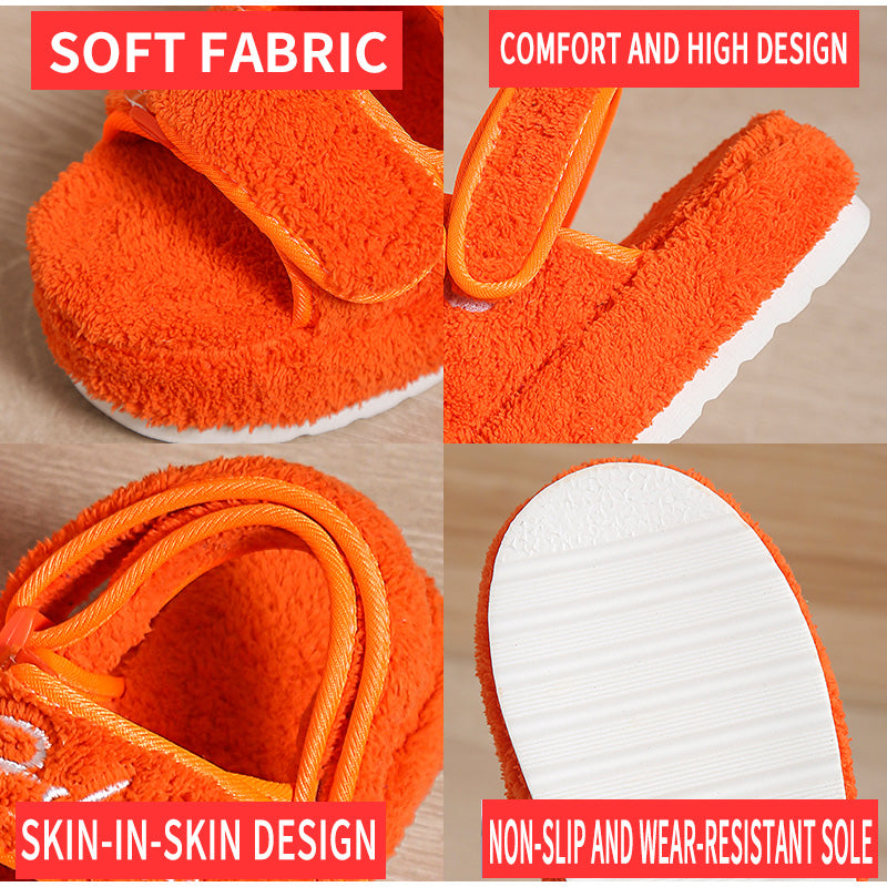 Orange textured platform sandals showing fuzzy straps and white textured sole edge