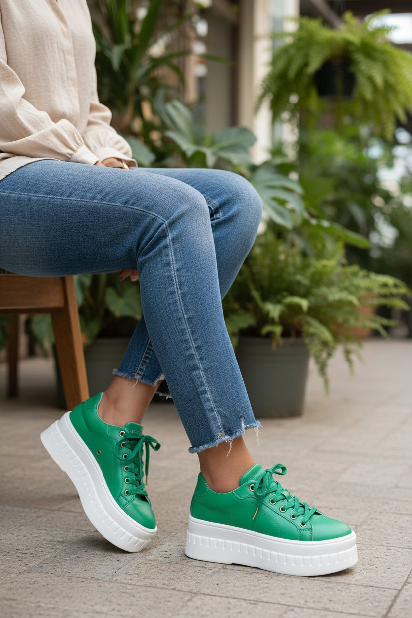 Women’s platform sneakers in green with lace-up front and thick white rubber sole