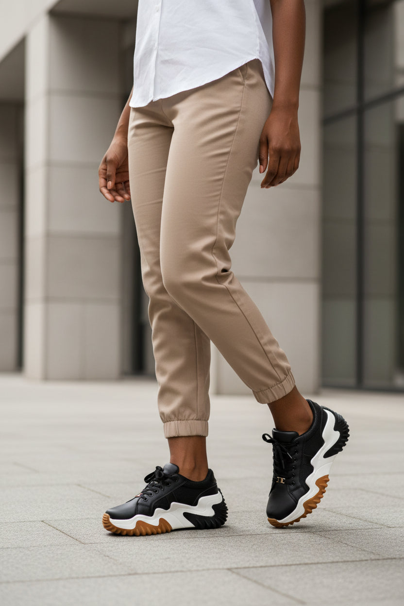 Women’s sculpted platform sneakers, black with white zigzag midsole