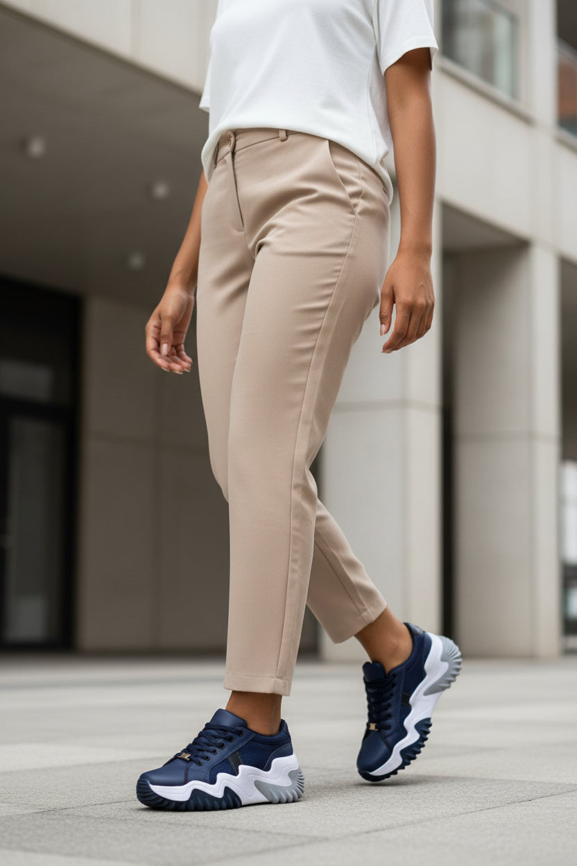 Women’s sculpted platform sneakers, dark blue low-top lace-up