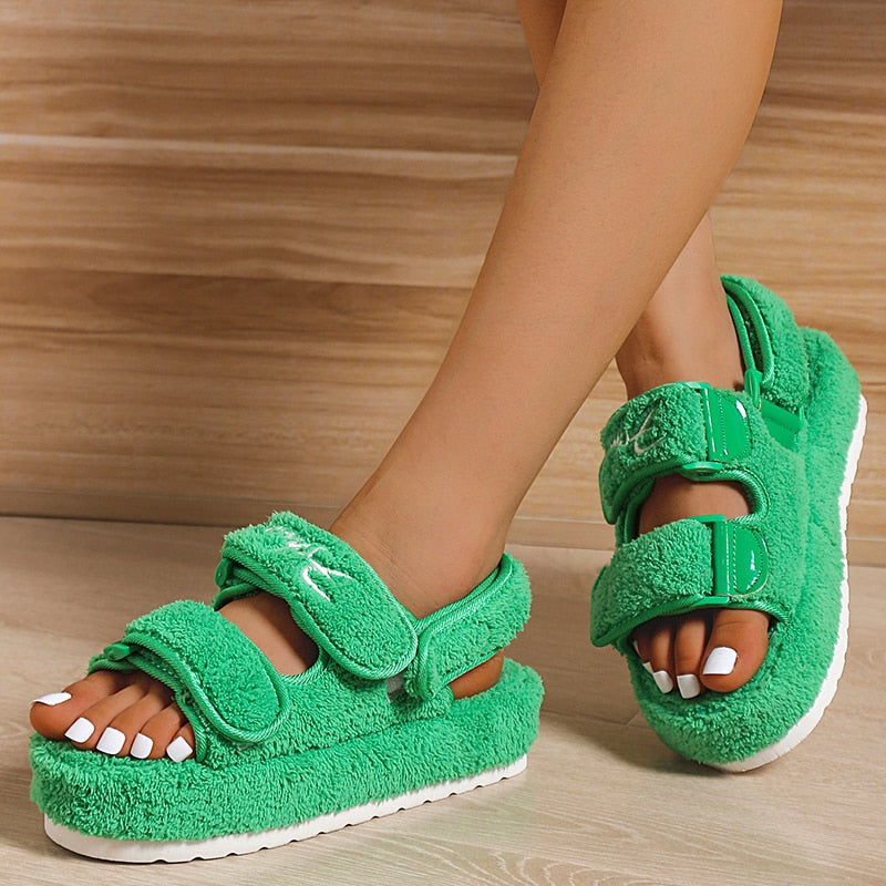 Green textured platform sandals with two hook-and-loop straps and open toe