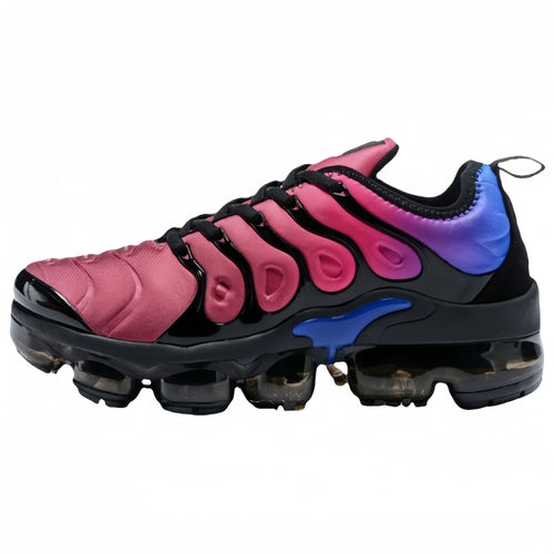 Pink, purple, and black unisex sculpted-sole sneakers with blue accents and air pods.