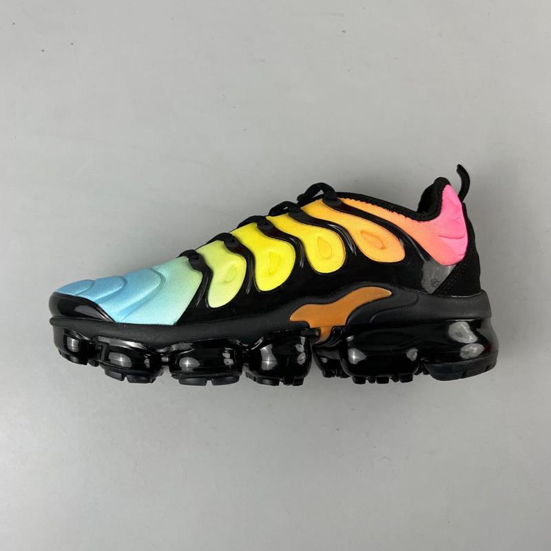 Multicolor unisex sculpted-sole sneakers with black base and air-cushion sole pods.