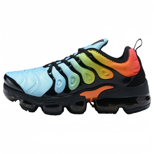 Light blue, green, and orange unisex sculpted-sole sneakers with air-cushion sole pods.
