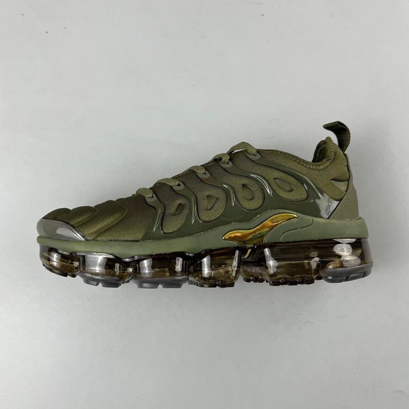 Olive unisex sculpted-sole sneakers with wavy overlays and air-cushion sole pods.