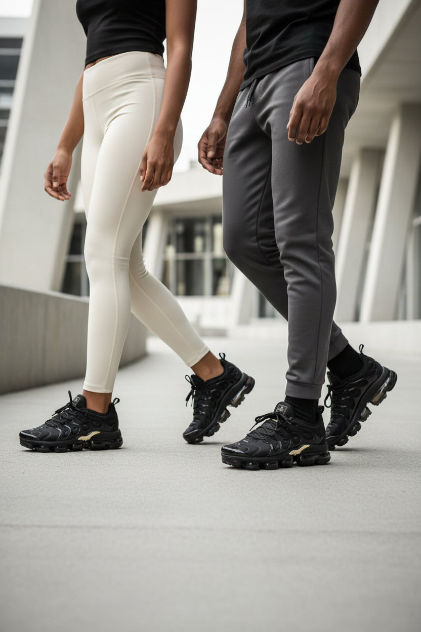Black unisex sculpted-sole sneakers, lace-up design with air-cushion sole pods.