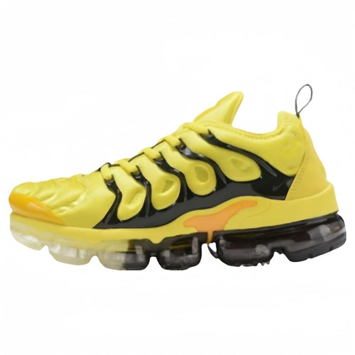 Unisex sculpted-sole sneakers in bright yellow with black accents, lace-up with cushioned sole