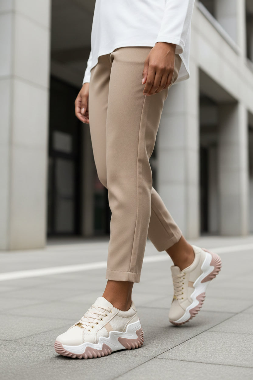 Women’s sculpted platform sneakers, beige with white chunky sole