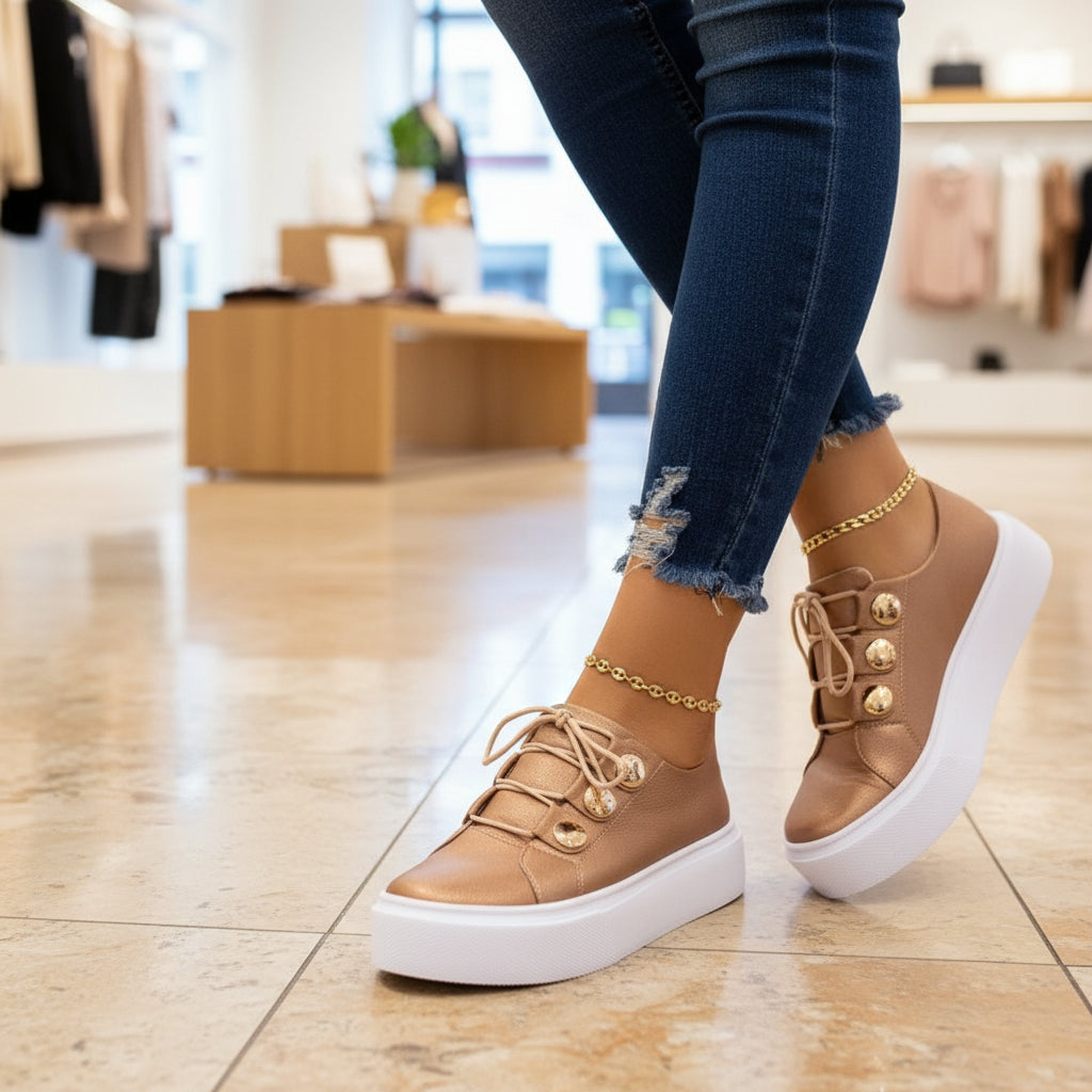 Rose platform sneakers with lace-up closure, gold ankle chain, round metallic toe studs