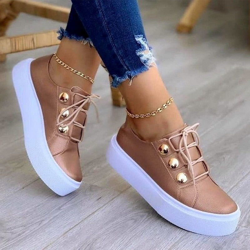 Rose platform sneakers, lace-up front, gold ankle chain, gold toe studs