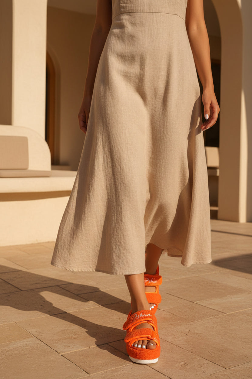 Orange textured platform sandals with hook-and-loop straps and open toe
