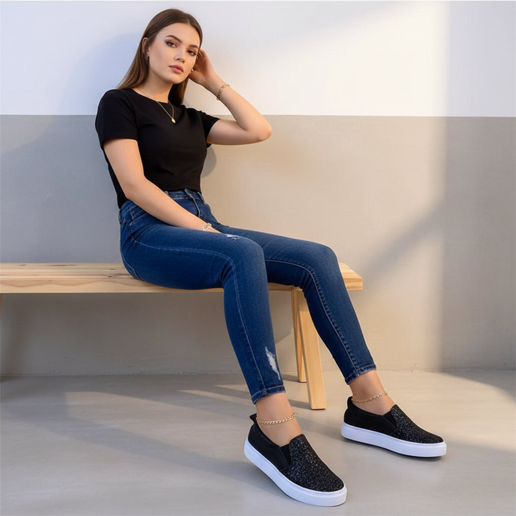 Women’s black glitter platform slip-on sneakers with white soles and low profile.