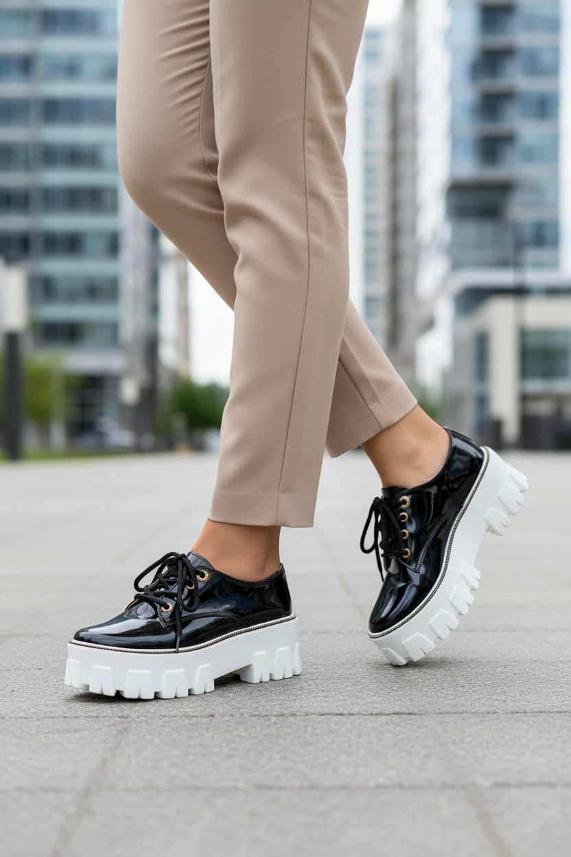 Black glossy platform lace-up shoes with thick white lug soles and lace-up front