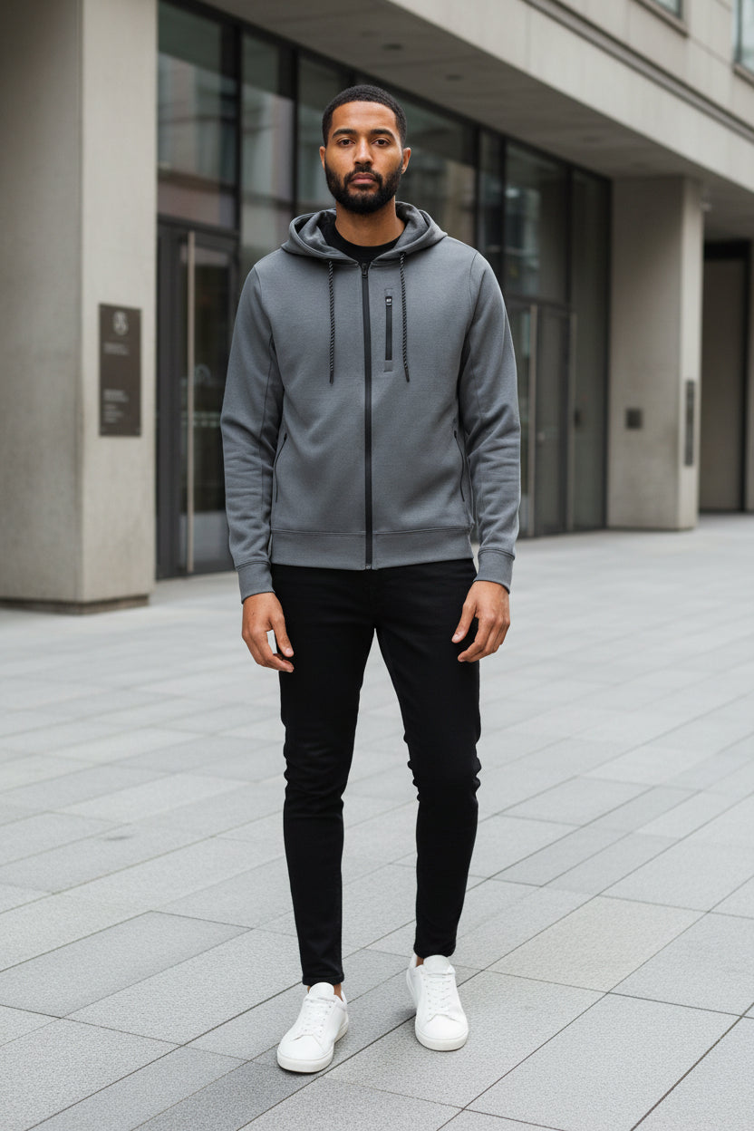 Men's dark gray zip-up hooded jacket with front zipper and dangling drawstrings