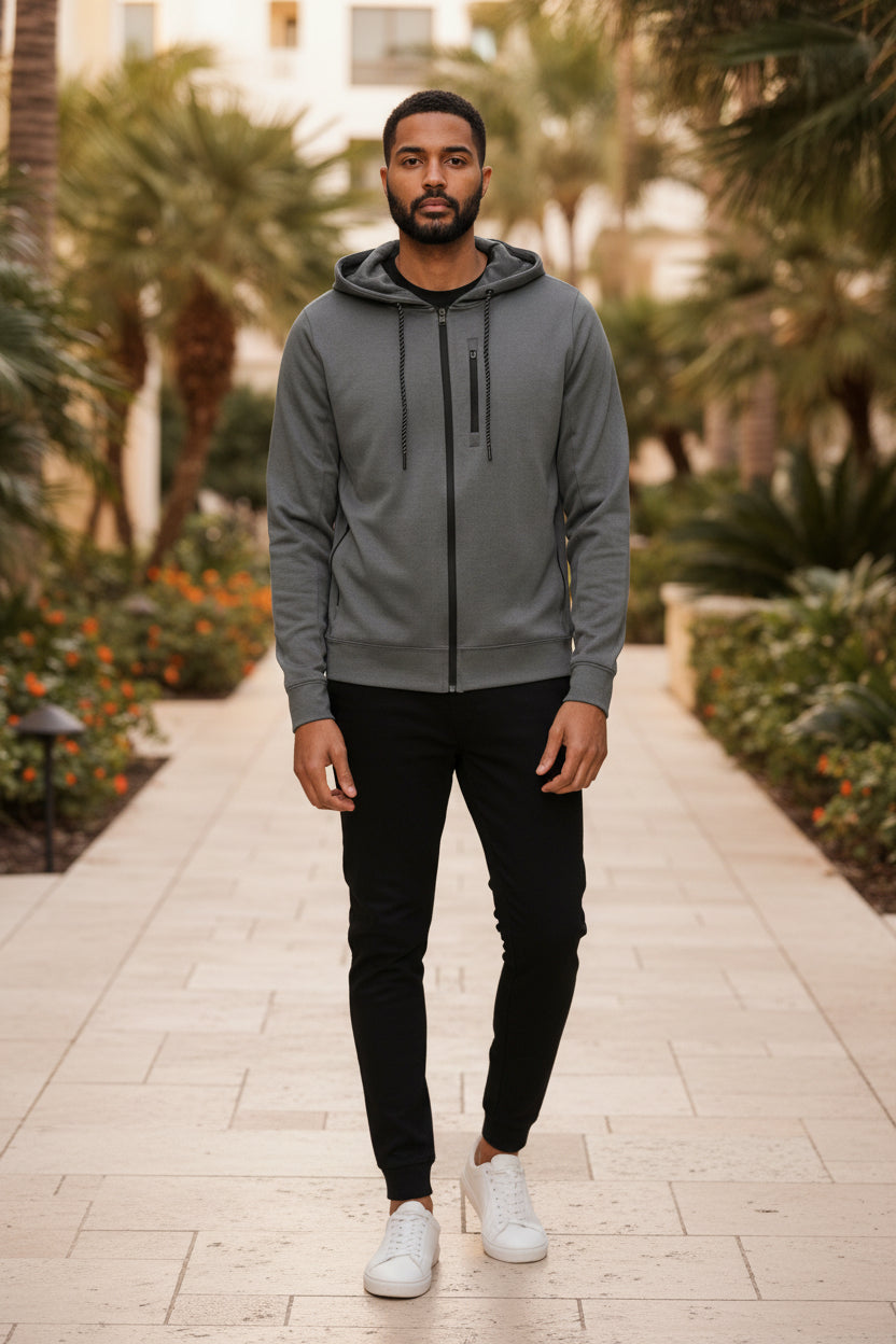 Men's dark gray hooded zip-up jacket with front zipper, two side pockets