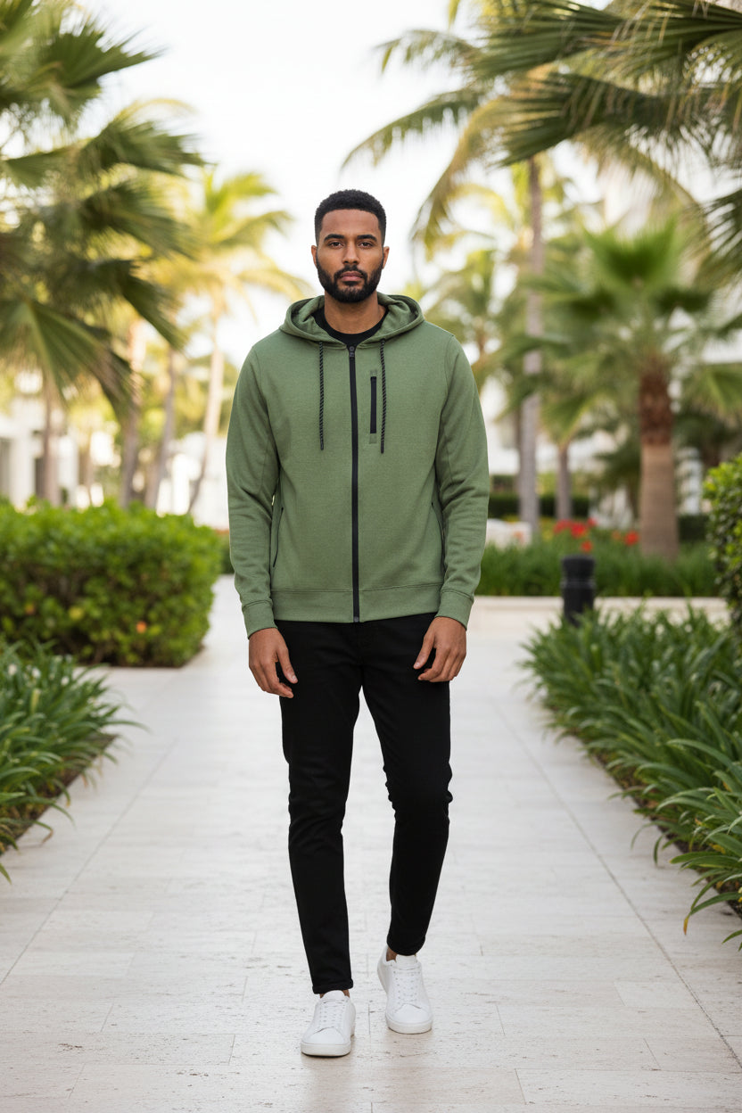 Men's olive green zip-up hooded jacket with front zipper and hanging drawstrings