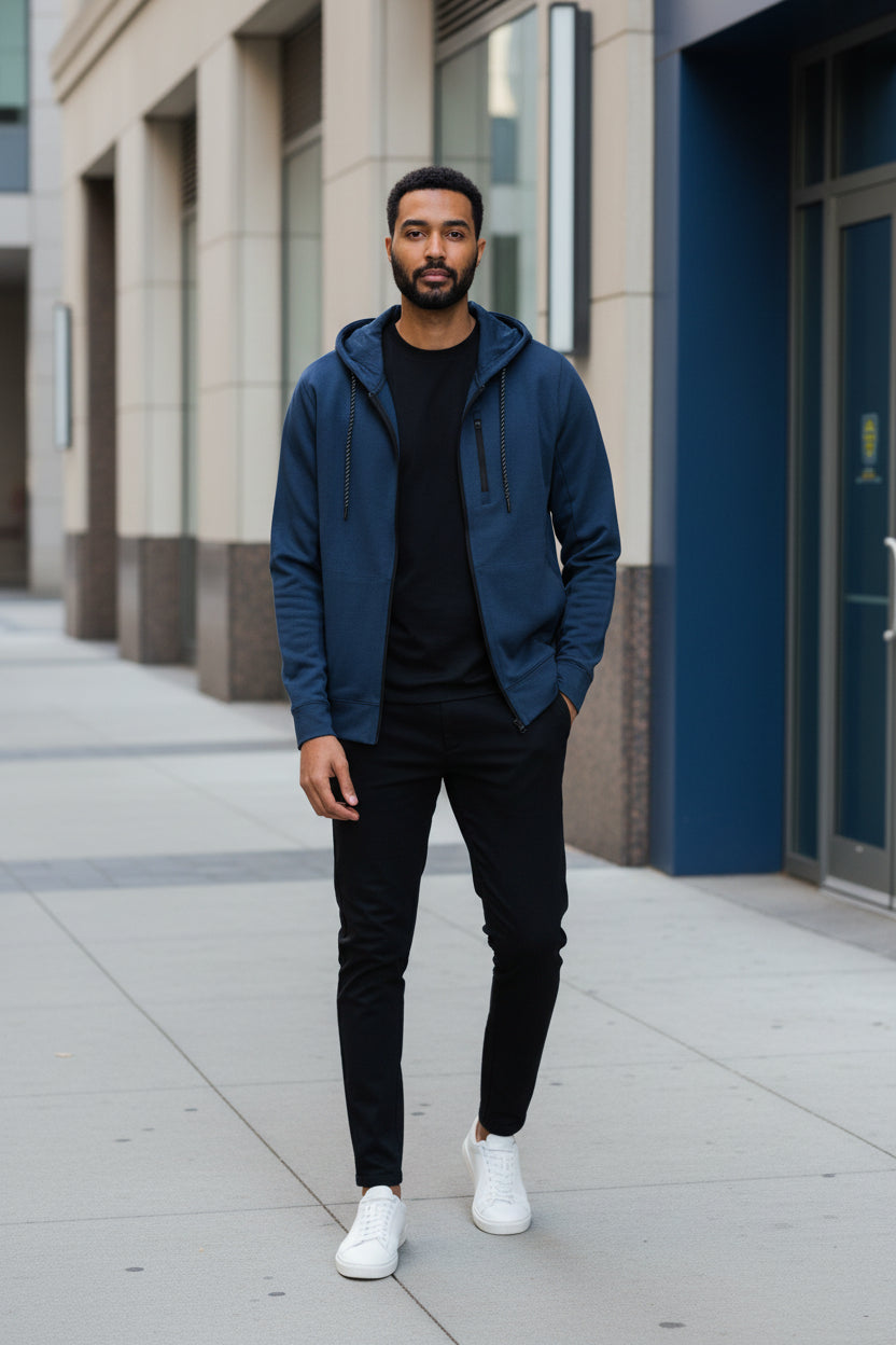 Men's navy blue zip-up hooded jacket with front zipper and hanging drawstrings