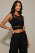 Black sheer mesh panel crop tank top with sleeveless scoop neck