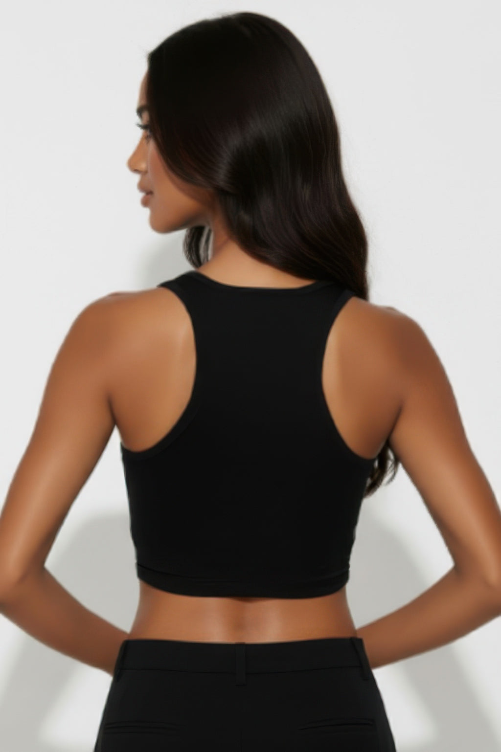 Black crop tank top back with racerback cut and sheer mesh detail