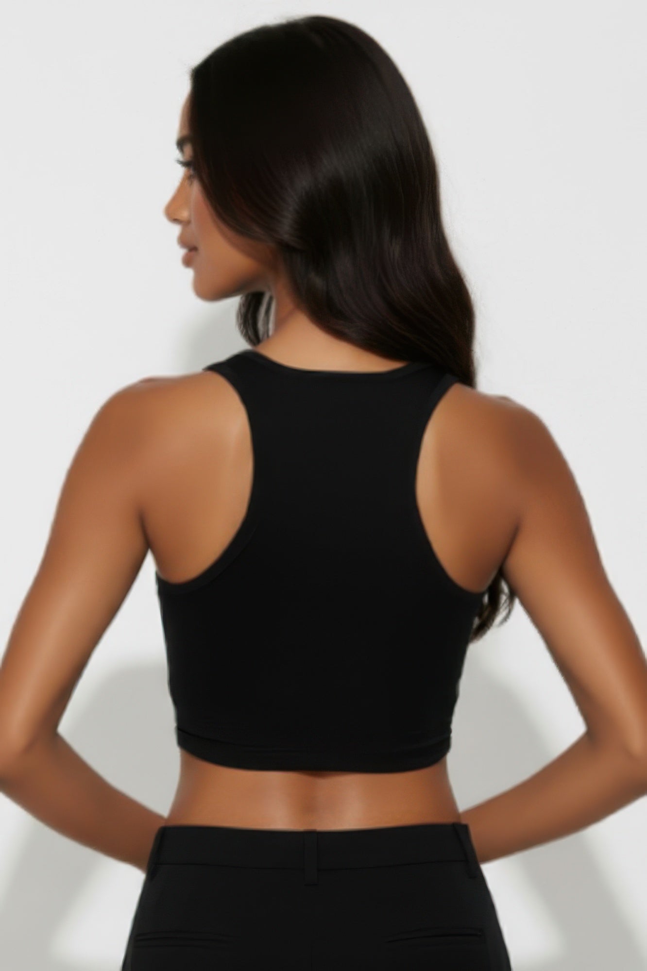 Black crop tank top back with racerback cut and sheer mesh detail