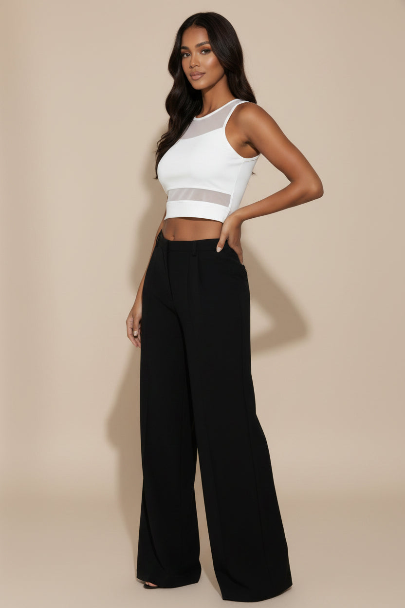 White crop tank top with sheer mesh side panel and wide shoulder straps