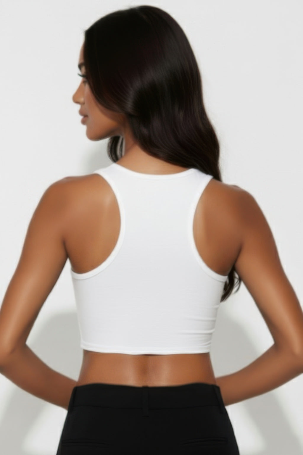 White crop tank top back with racerback cut and smooth sleeveless design
