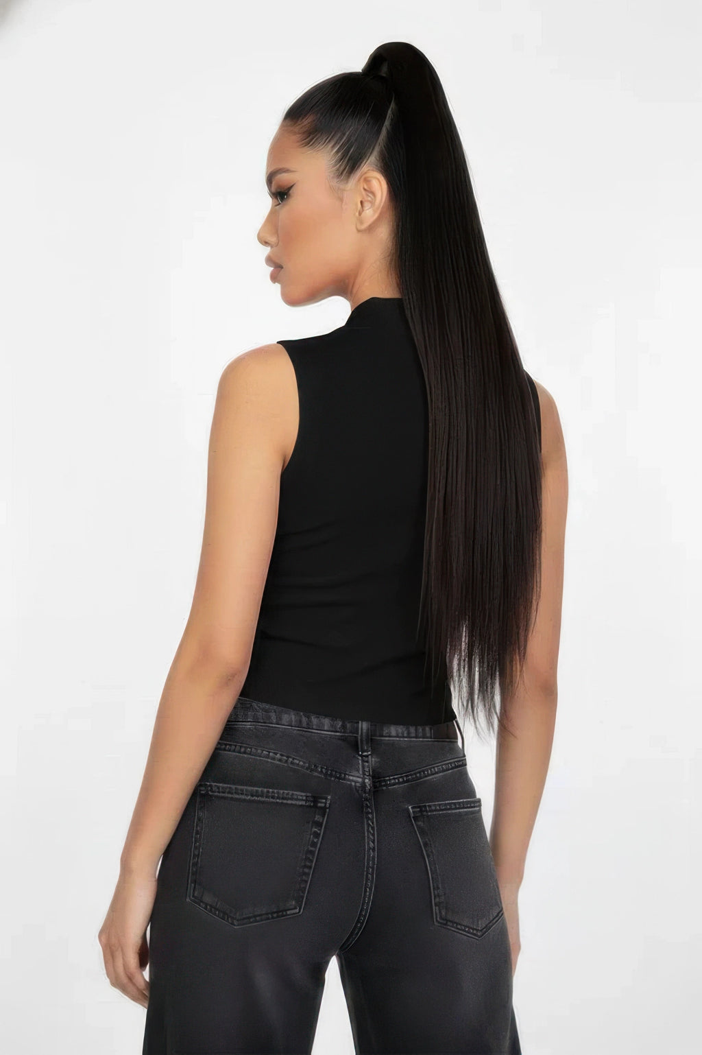 Black sleeveless polo crop top, back view