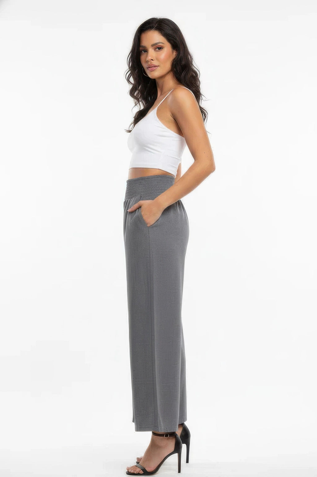 High-waisted wide-leg lounge pants in charcoal gray with elastic waist