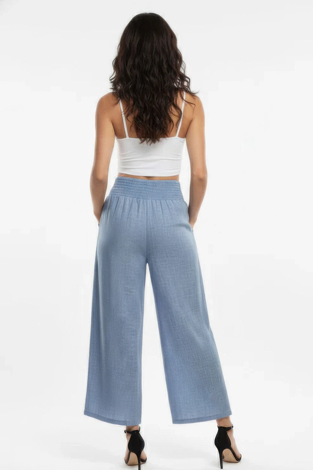 Back view of high-waisted wide-leg lounge pants in slate blue with elastic waist