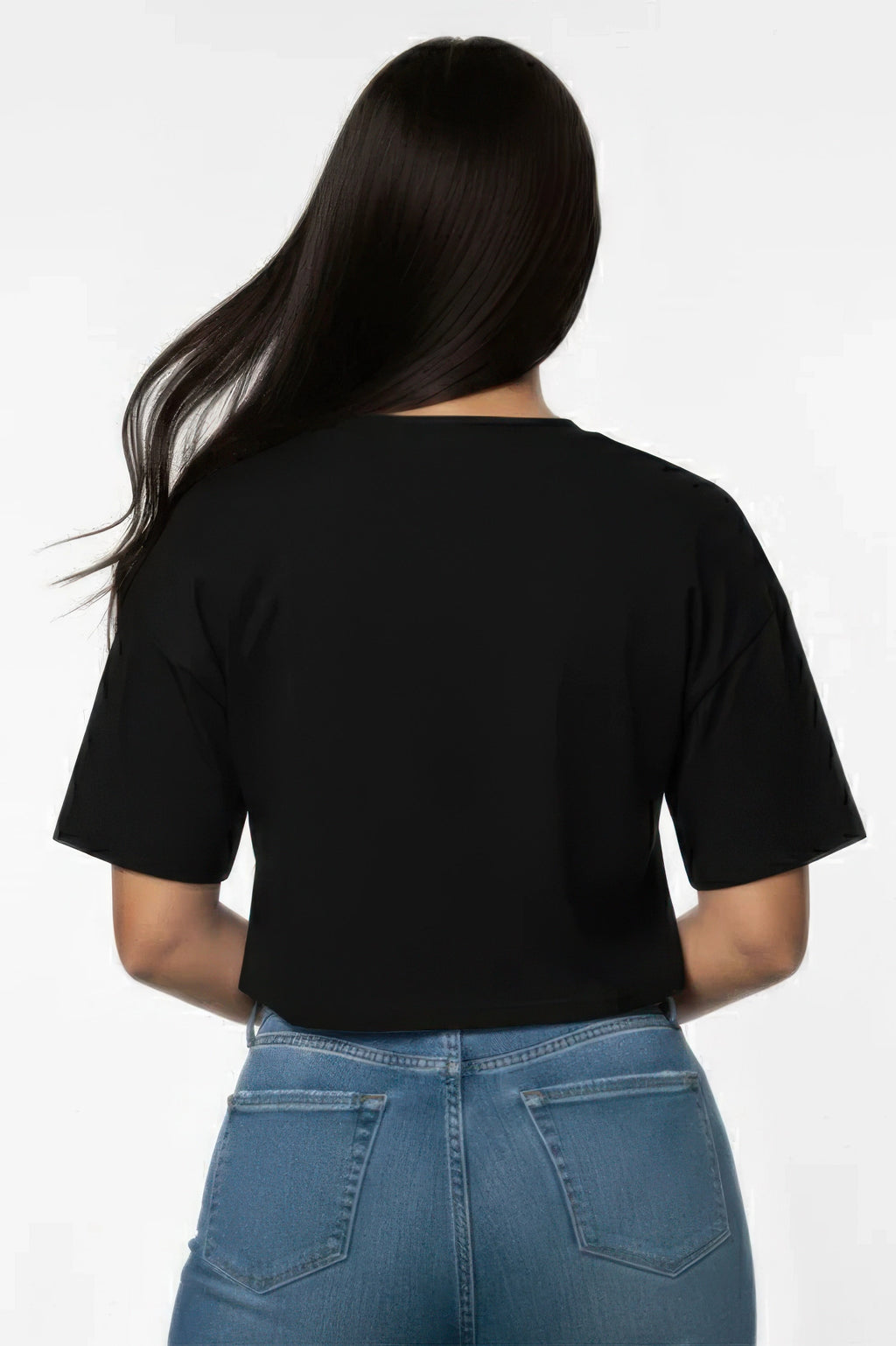 Women's black cropped T-shirt, back view with short sleeves and round neckline