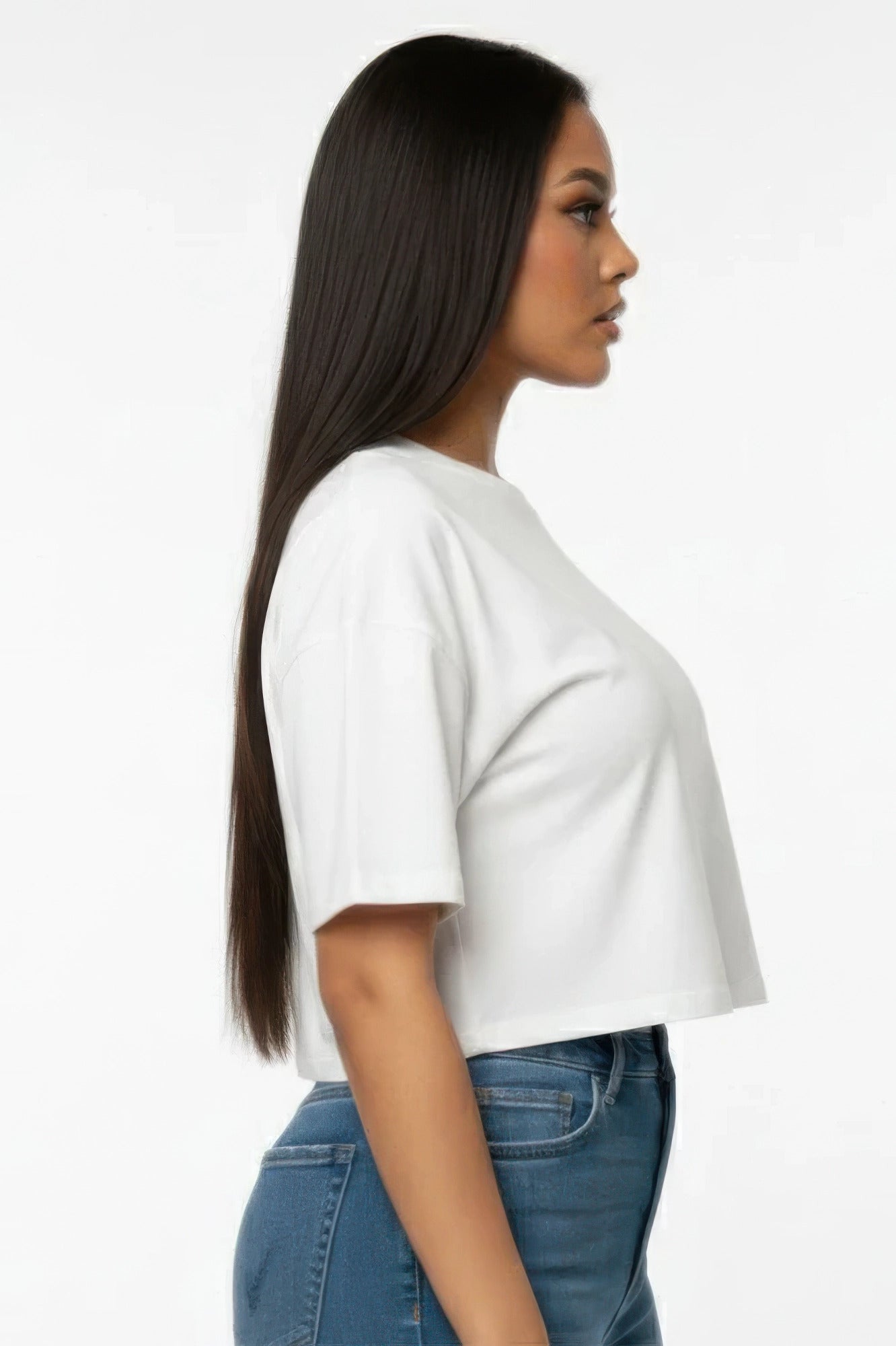 Women's white cropped T-shirt, side view with short sleeves and round neckline