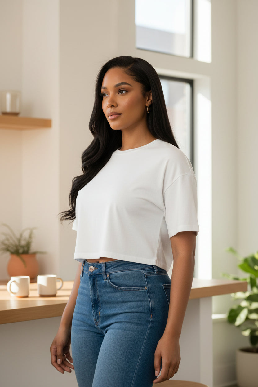 Women's white cropped T-shirt, back view with short sleeves and round neckline