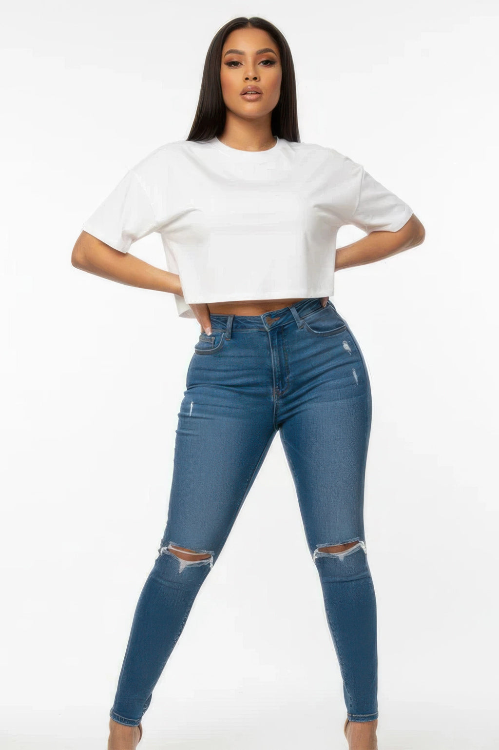 Women's white cropped T-shirt, front view with short sleeves and round neckline