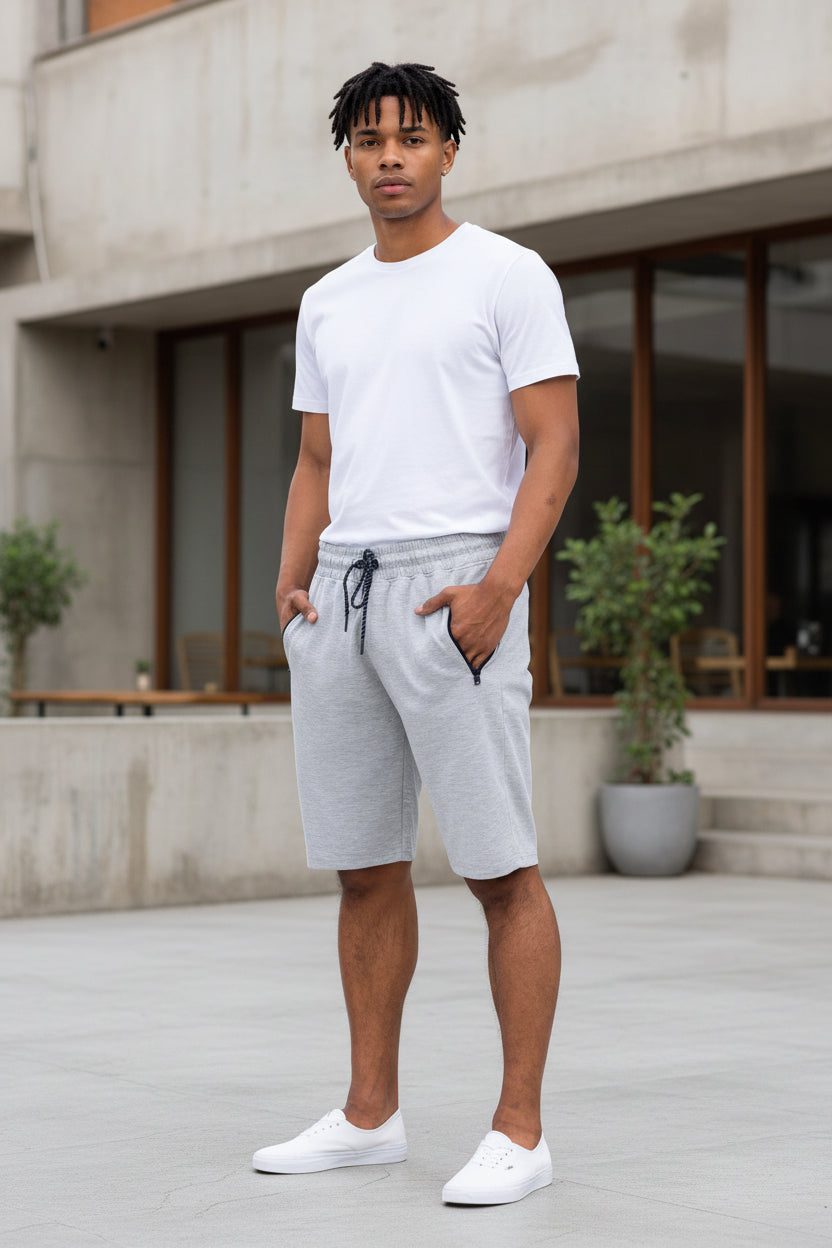 Men's cotton lounge sweat shorts, light heather gray with drawstring waistband