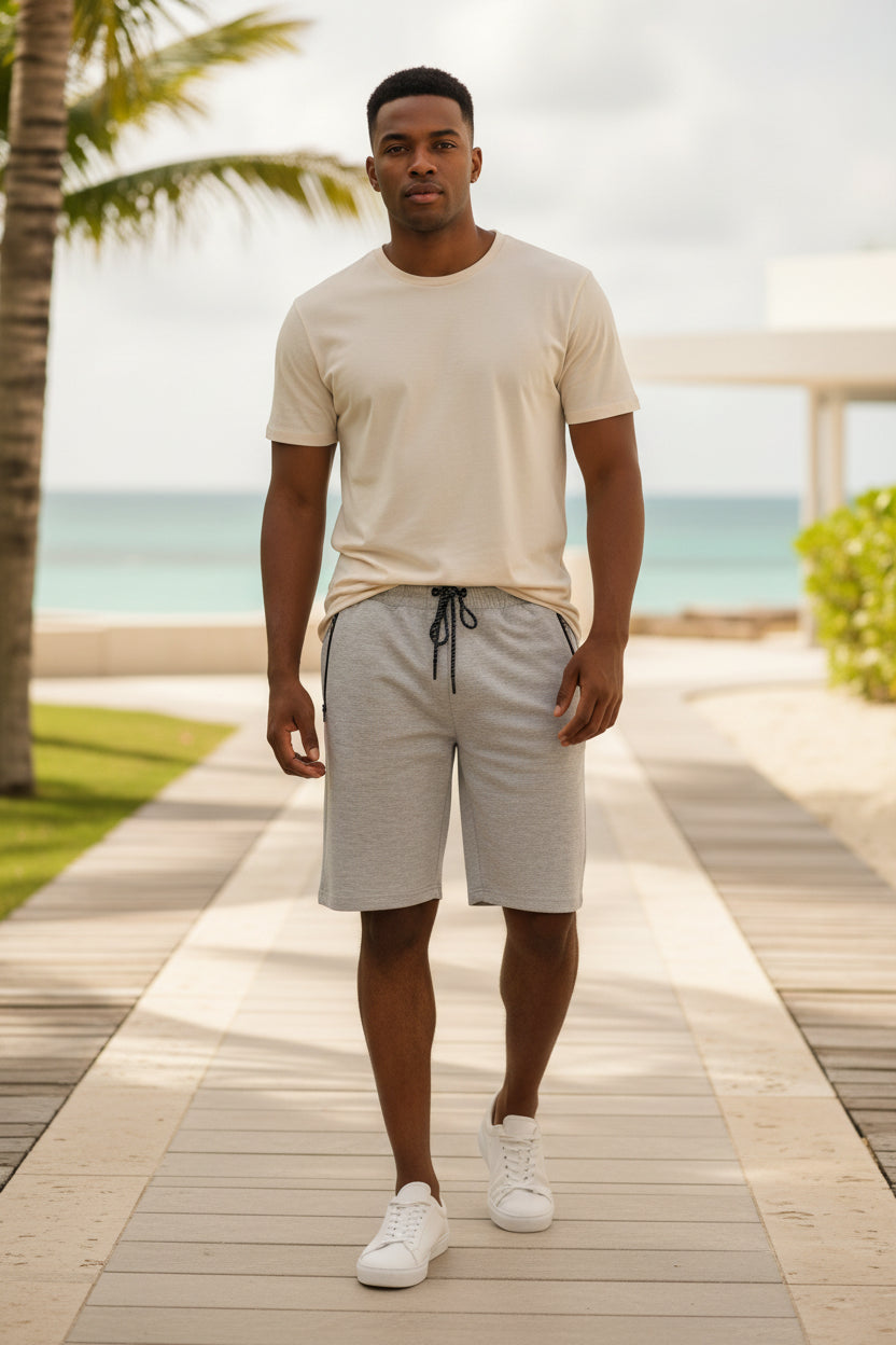 Men's cotton lounge sweat shorts, light heather gray, front view with side pockets