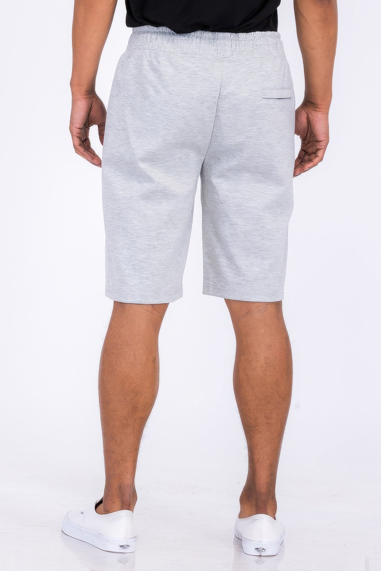 Men's cotton lounge sweat shorts, light heather gray, back view with elastic waist