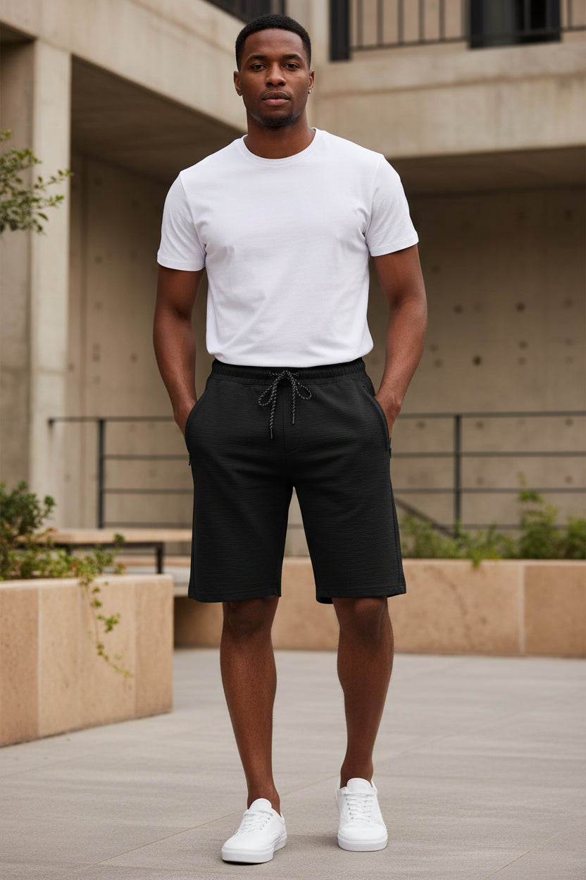 Men's cotton lounge sweat shorts, black with drawstring waist and stitched side pockets