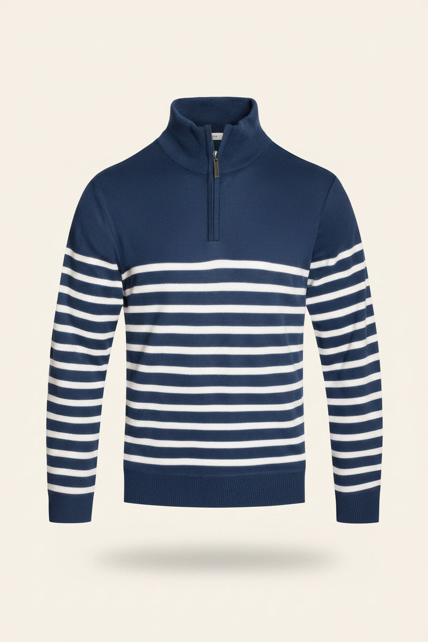 Men's navy quarter-zip pullover sweater jacket with white horizontal stripe detail