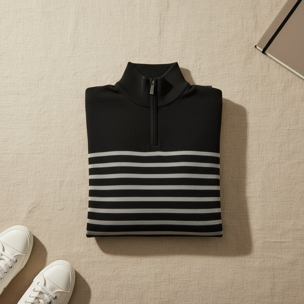Men's black quarter-zip pullover sweater jacket with gray horizontal stripe panel