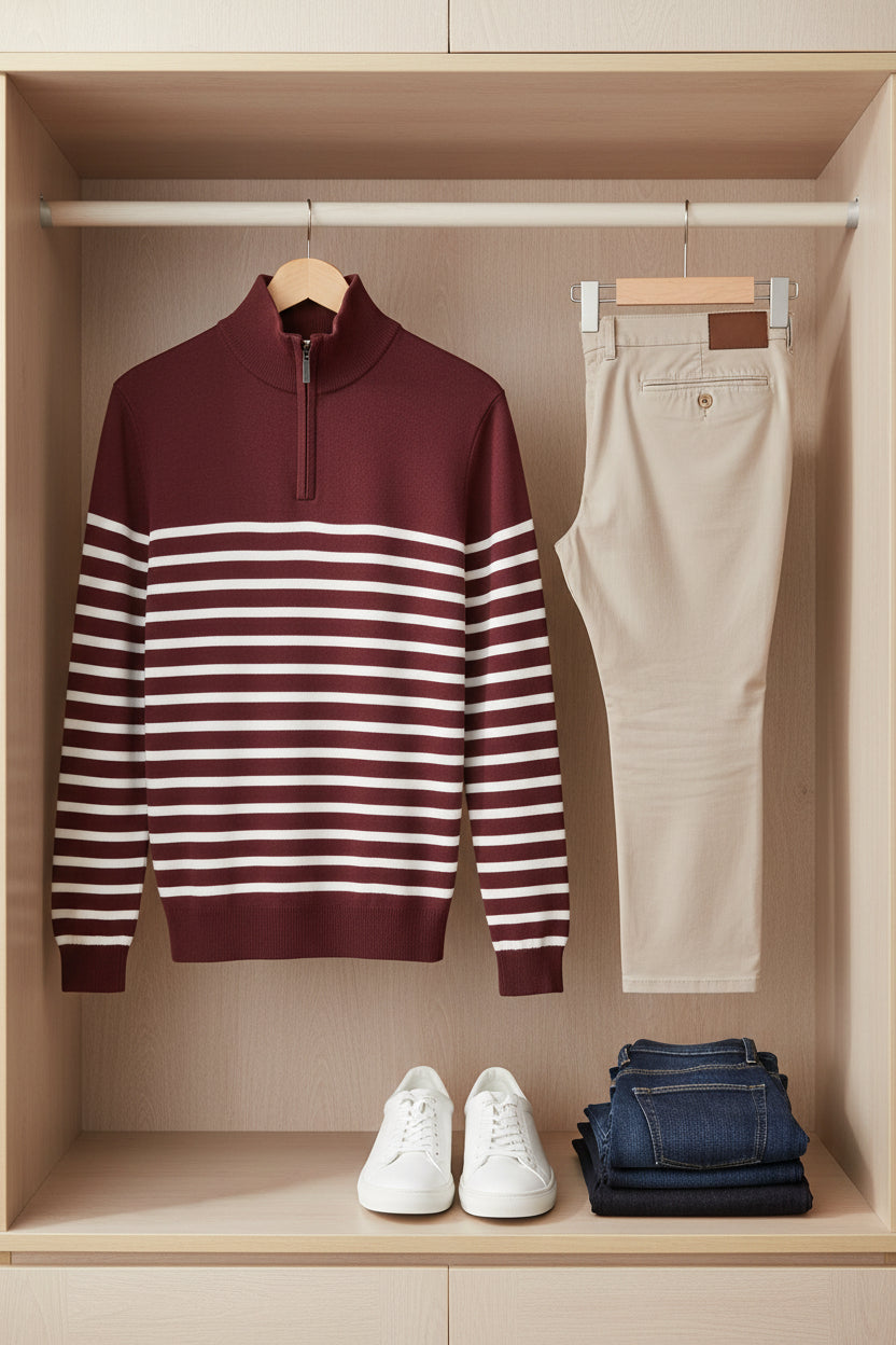Men's burgundy quarter-zip pullover sweater jacket with white striped chest yoke