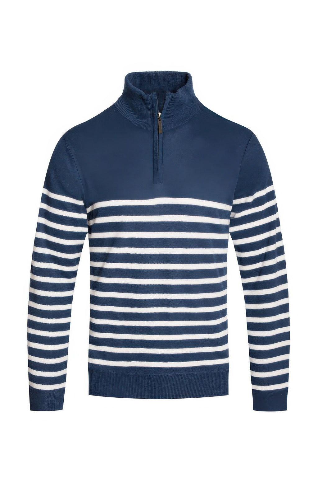 Men's navy quarter-zip pullover sweater jacket with white striped chest and sleeve bands