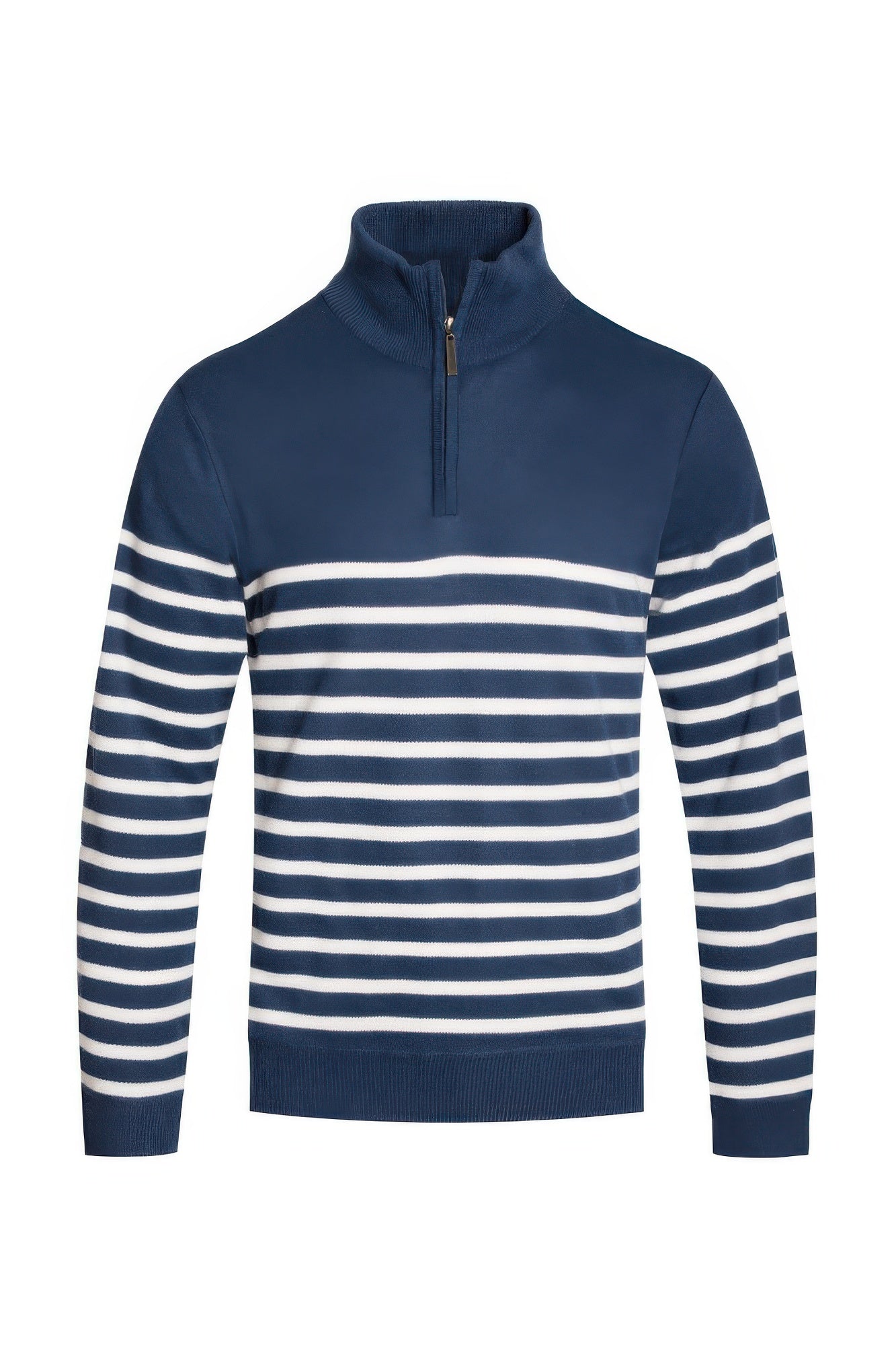Men's navy quarter-zip pullover sweater jacket with white striped chest and sleeve bands