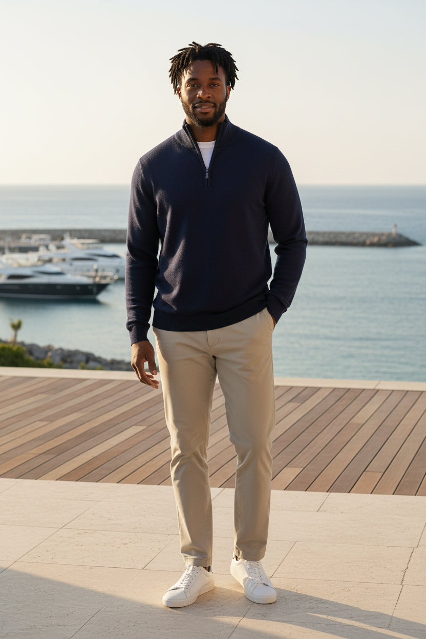 Men's knit quarter-zip sweater in navy with stand collar and half-zip placket