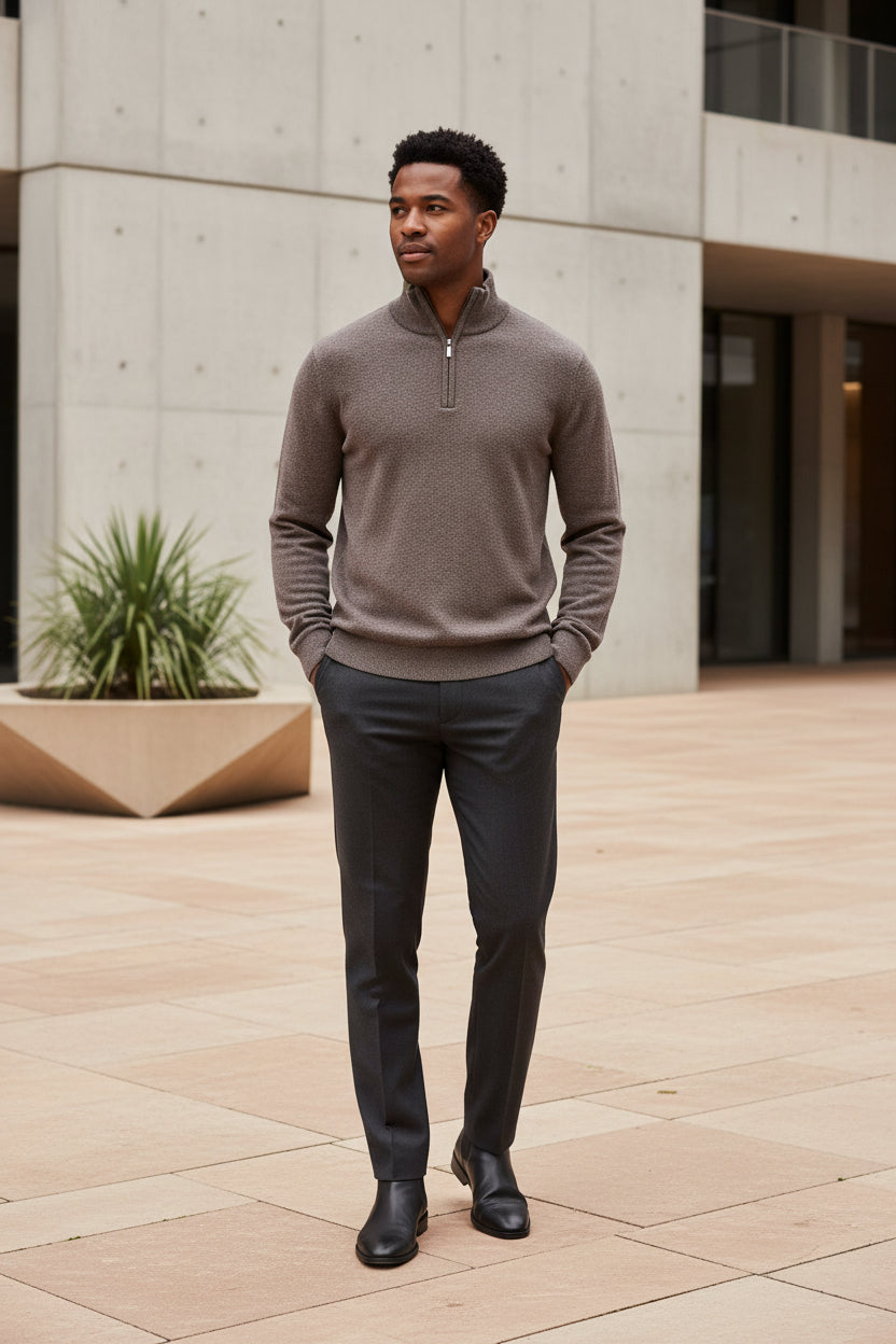 Men's knit quarter-zip sweater in brown with stand collar and half-zip placket