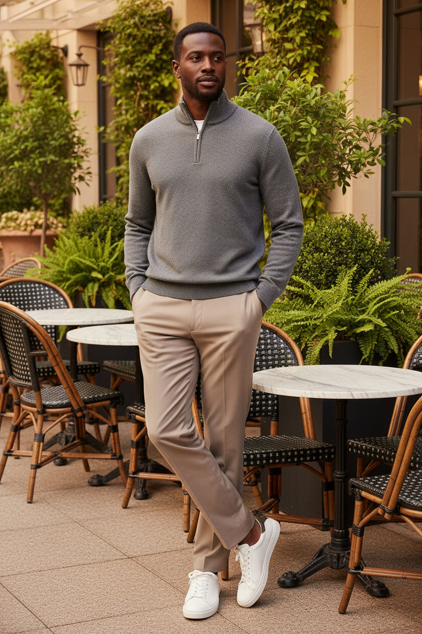 Men's knit quarter-zip sweater in gray with stand collar and half-zip placket