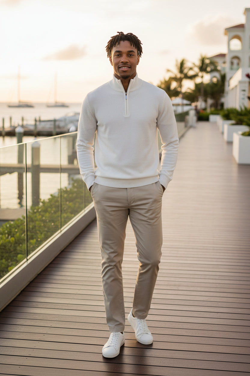 Men's knit quarter-zip sweater in white with stand collar and half-zip placket