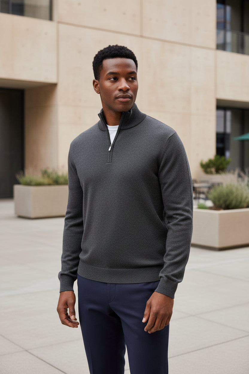 Men's knit quarter-zip sweater in charcoal with stand collar and half-zip placket