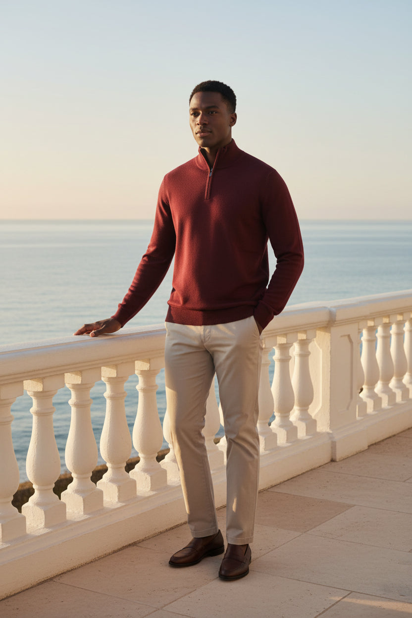 Men's knit quarter-zip sweater in maroon with stand collar and half-zip placket