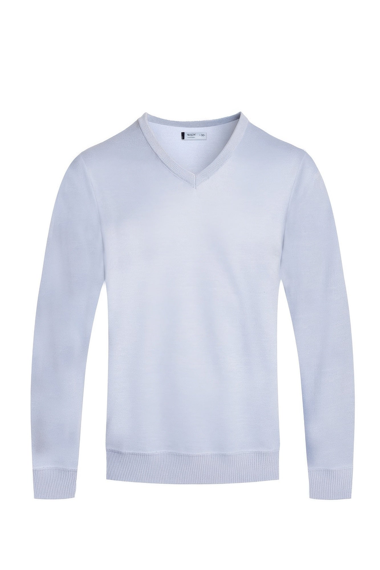 Men's solid V-neck sweater, light blue, long sleeves, ribbed hem and cuffs